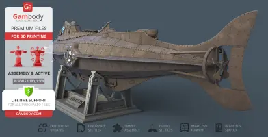 A detailed 3D model of the Nautilus submarine designed for 3D printing, shown on a display stand.