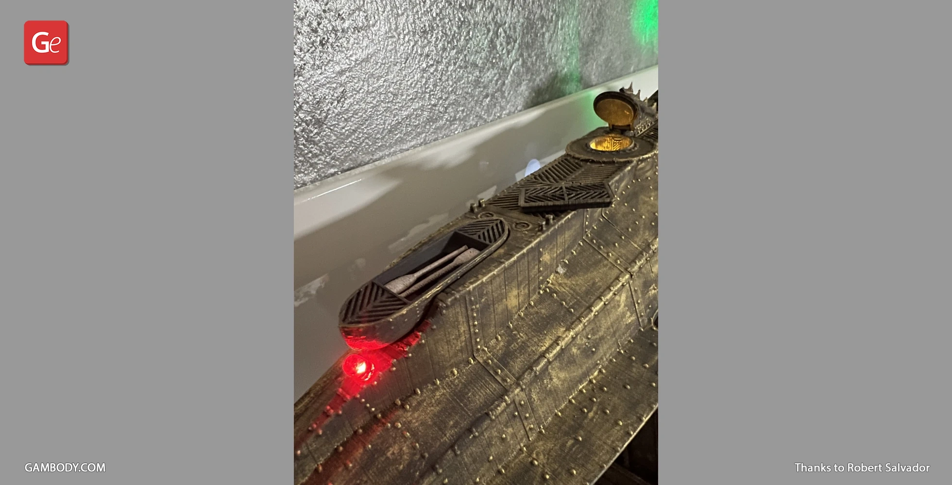 Detailed 3D model of Nautilus submarine with LED lights on display.