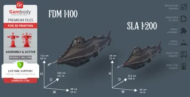Two Nautilus submarine 3D models, shown in FDM 1:100 and SLA 1:200 scales with dimensions.