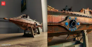 A detailed 3D-printed model of the Nautilus submarine, featuring intricate bronze and blue detailing.