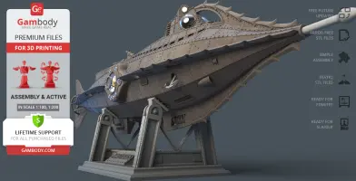 Detailed 3D model of a Nautilus submarine on a display stand for 3D printing.
