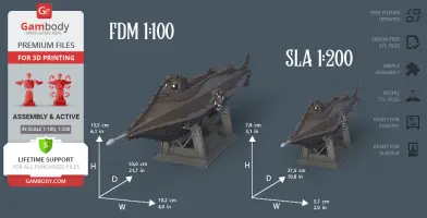 3D model of the Nautilus submarine with measurements and scale options for FDM and SLA 3D printing.