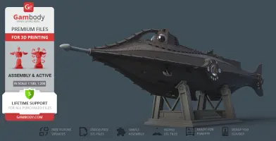 3D model of the Nautilus submarine on a stand, designed for 3D printing.