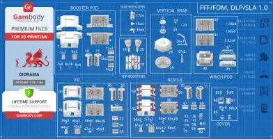Blueprint layout of 3D-printable Eagle Transporter parts, including boosters, pods, and accessories.