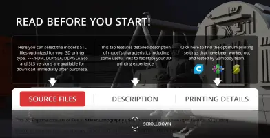 Page with instructions for selecting, describing, and printing 3D model files.