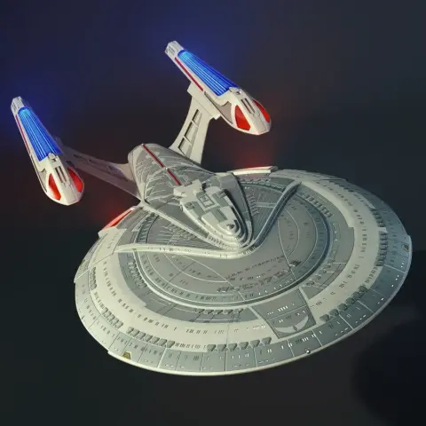Futuristic starship model with a sleek design, featuring a large saucer section and two blue-lit nacelles.