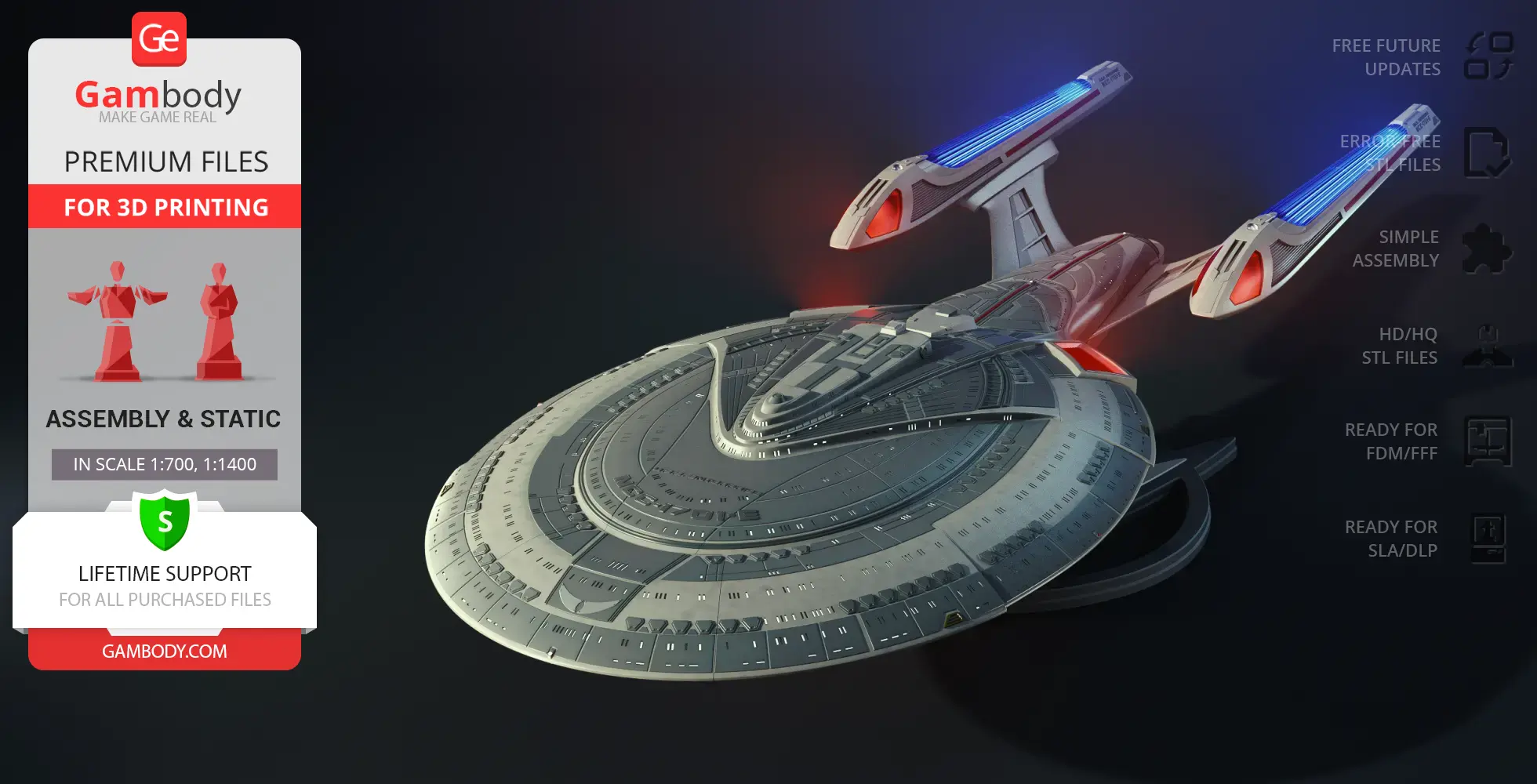 USS Enterprise NCC-1701-E 3D model for printing, with assembly options and premium file features.