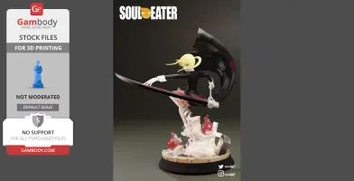 3D model of a character with a scythe, dynamic pose, flowing cloak, and swirling base for 3D printing.