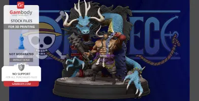 A muscular figure with horns and a dragon coiled around, set on a round base. Background logo present.