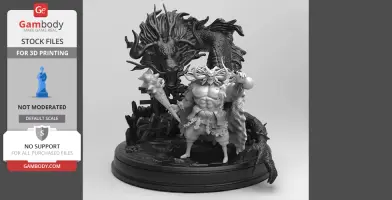 A muscular, horned warrior stands with a club, flanked by a dragon on a circular base.