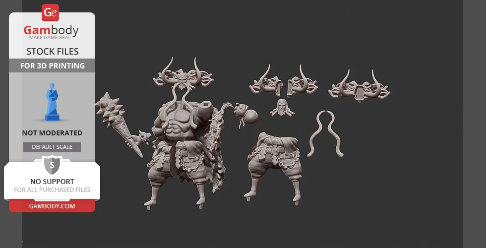 Bull-like warrior figure with dragon attributes, shown in several 3D-printed parts for assembly.