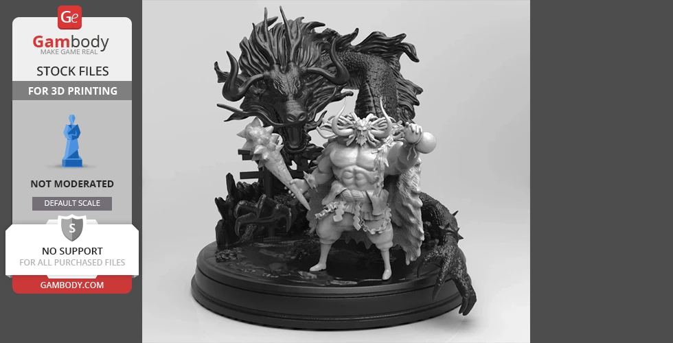 A muscular, horned warrior stands with a club, flanked by a dragon on a circular base.