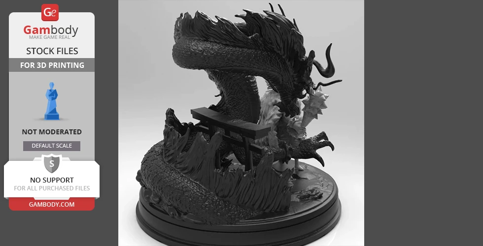 A detailed 3D model of a dragon coiled around a structure on a circular base.