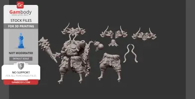 Bull-like warrior figure with dragon attributes, shown in several 3D-printed parts for assembly.
