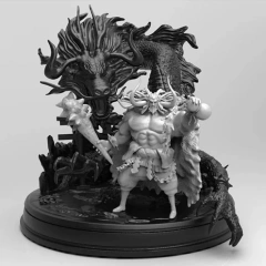 A muscular figure with horns stands heroically in front of a dragon, on a detailed round base.