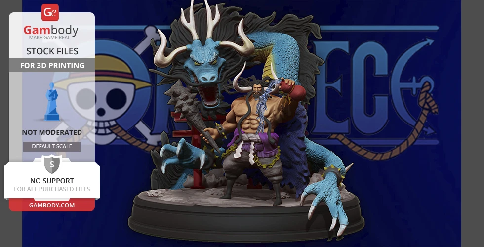 A muscular figure with horns and a dragon coiled around, set on a round base. Background logo present.