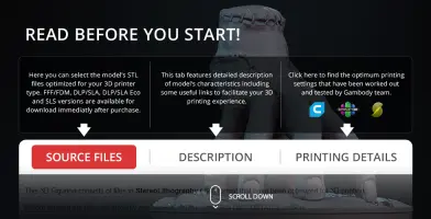 A 3D model of a stitched severed hand, with text detailing printing options and file information for Gambody.