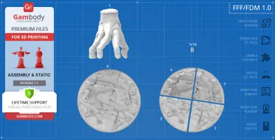 A 3D printable 'Thing' hand model with detailed base textures, displayed on a blueprint-style background.