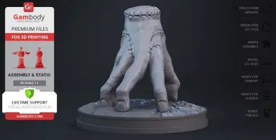 A detailed 3D model of a stitched, severed hand on a round base for printing.