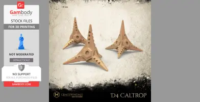 Triangular caltrop-shaped D4 dice for 3D printing, featuring hexagonal details and pointed ends.