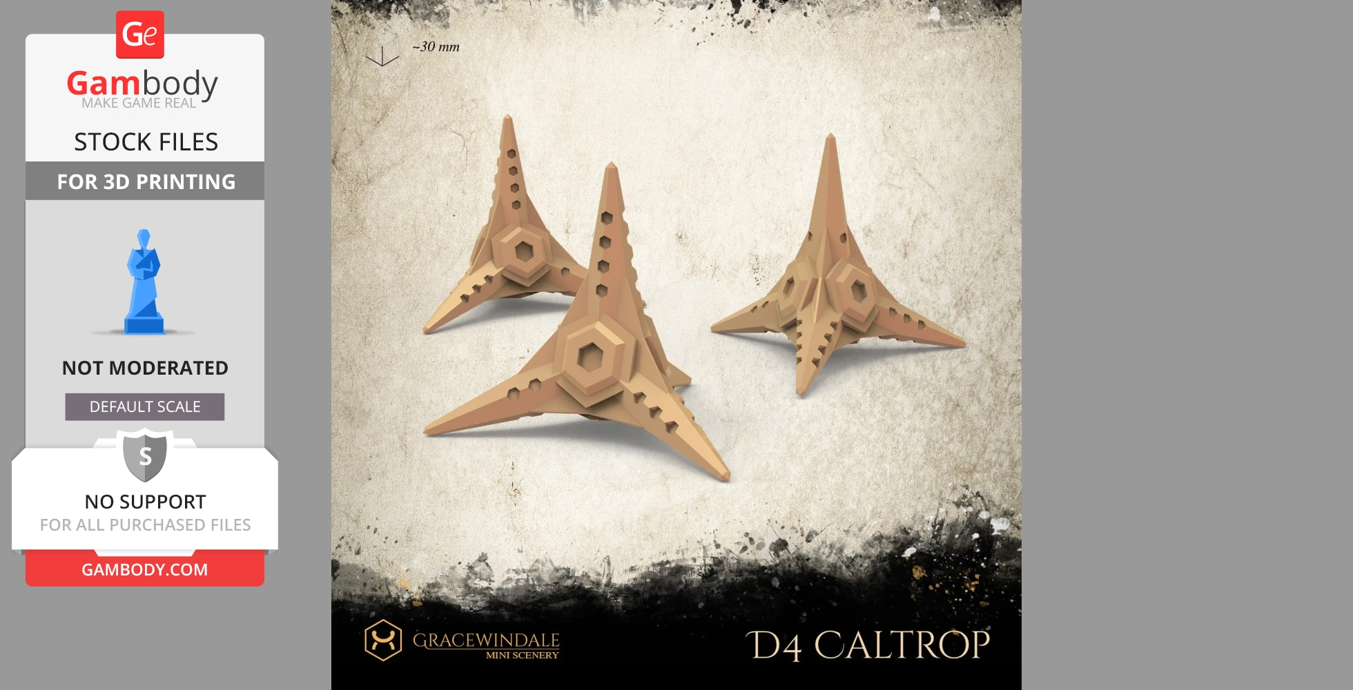 Three 3D-printed spiky caltrop D4 dice with geometric patterns on a textured background.