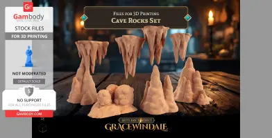 3D-printed cave rock formations set, featuring stalactites and stalagmites, displayed on a wooden surface.