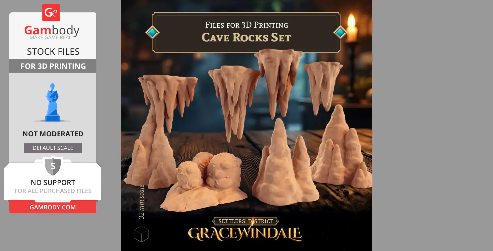 A 3D printable set of cave rock formations, including stalactites and stalagmites, by Gracewindale.