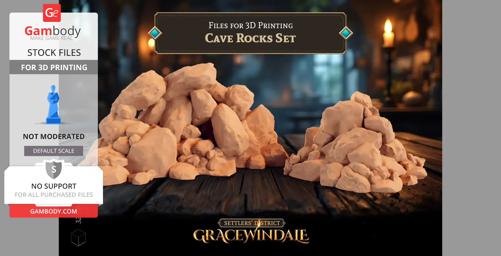 3D model of irregular-shaped cave rocks arranged in two piles on a wooden surface.