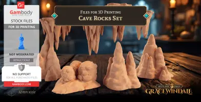 3D printable set of cave rocks with stalactites and stalagmites, designed for tabletop gaming.