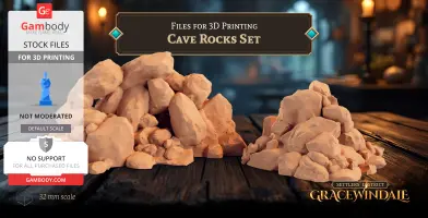 A set of 3D-printed cave rocks on a wooden table for tabletop gaming.