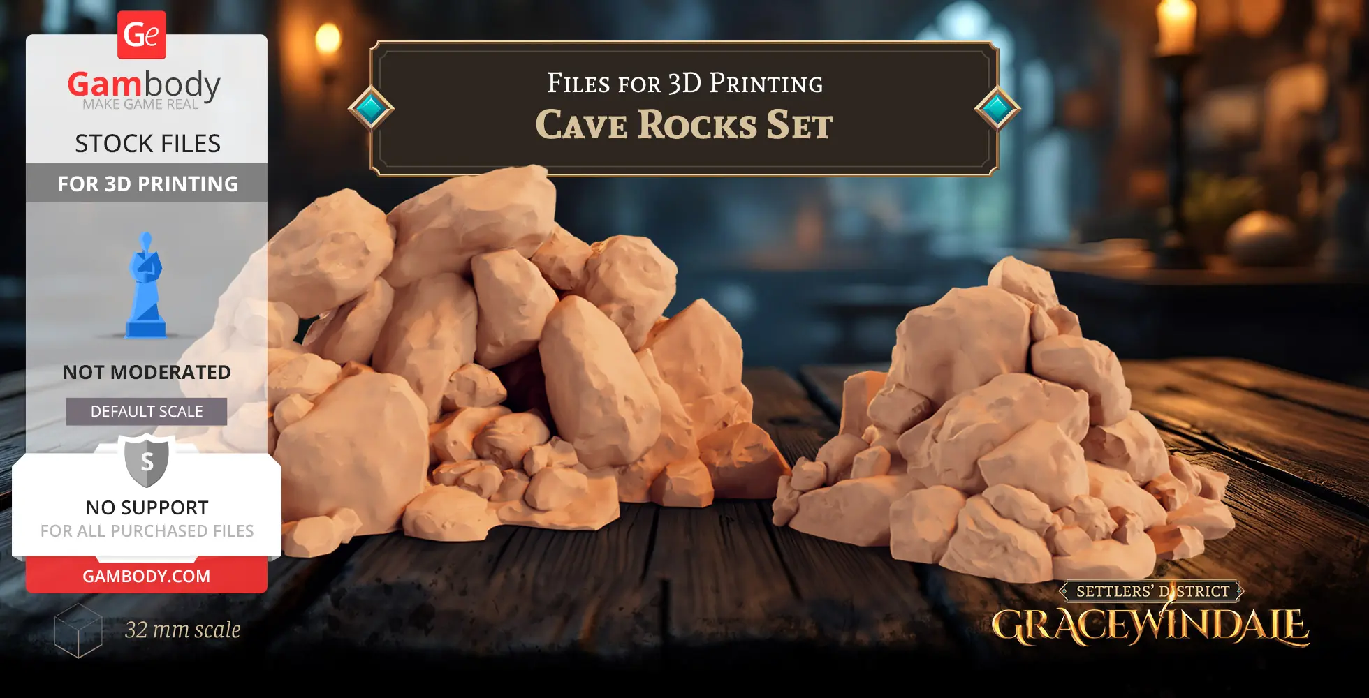 A set of 3D-printed cave rocks on a wooden table for tabletop gaming.