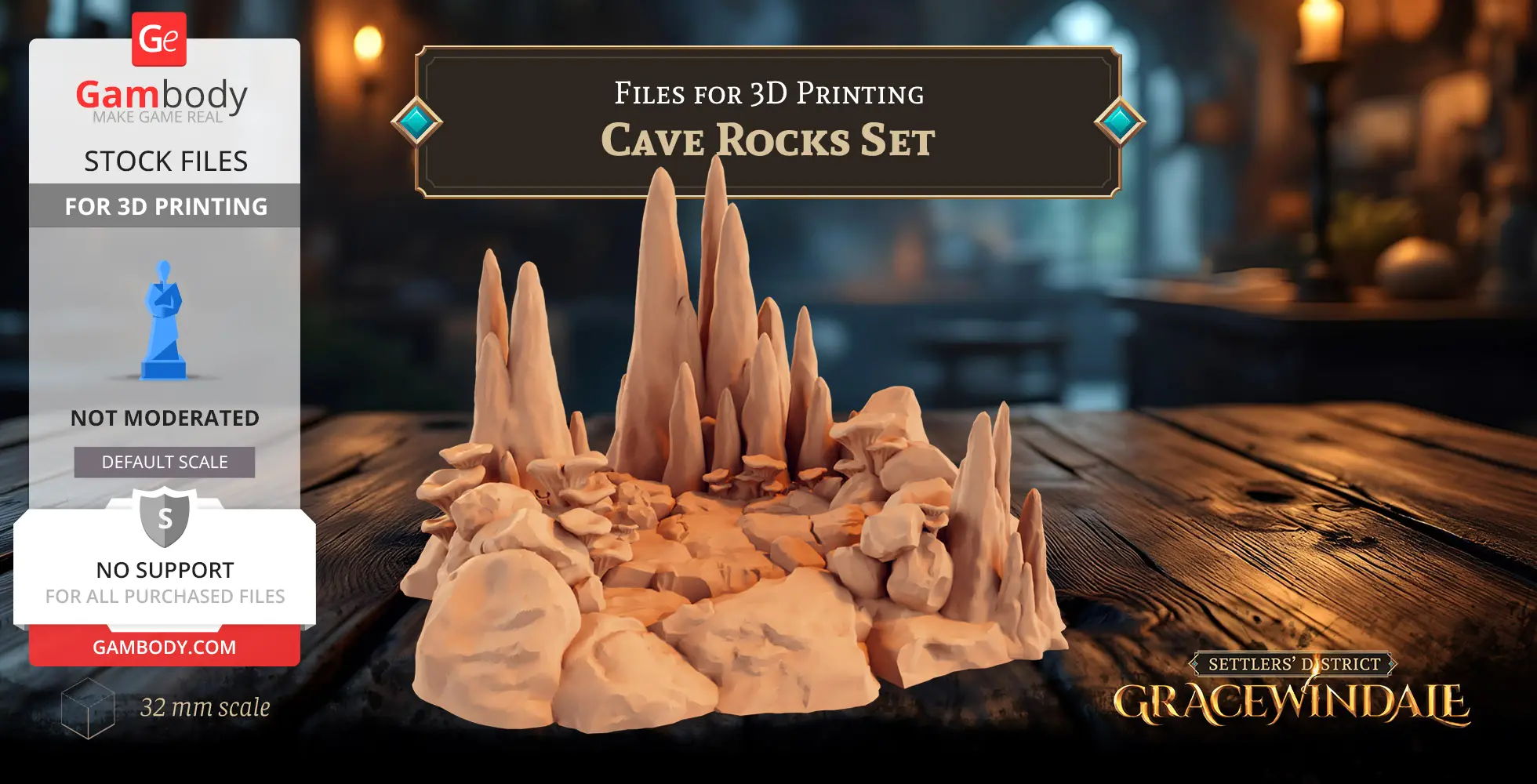 3D model of rocky cave formations with jagged spires and boulders, set on a flat base.