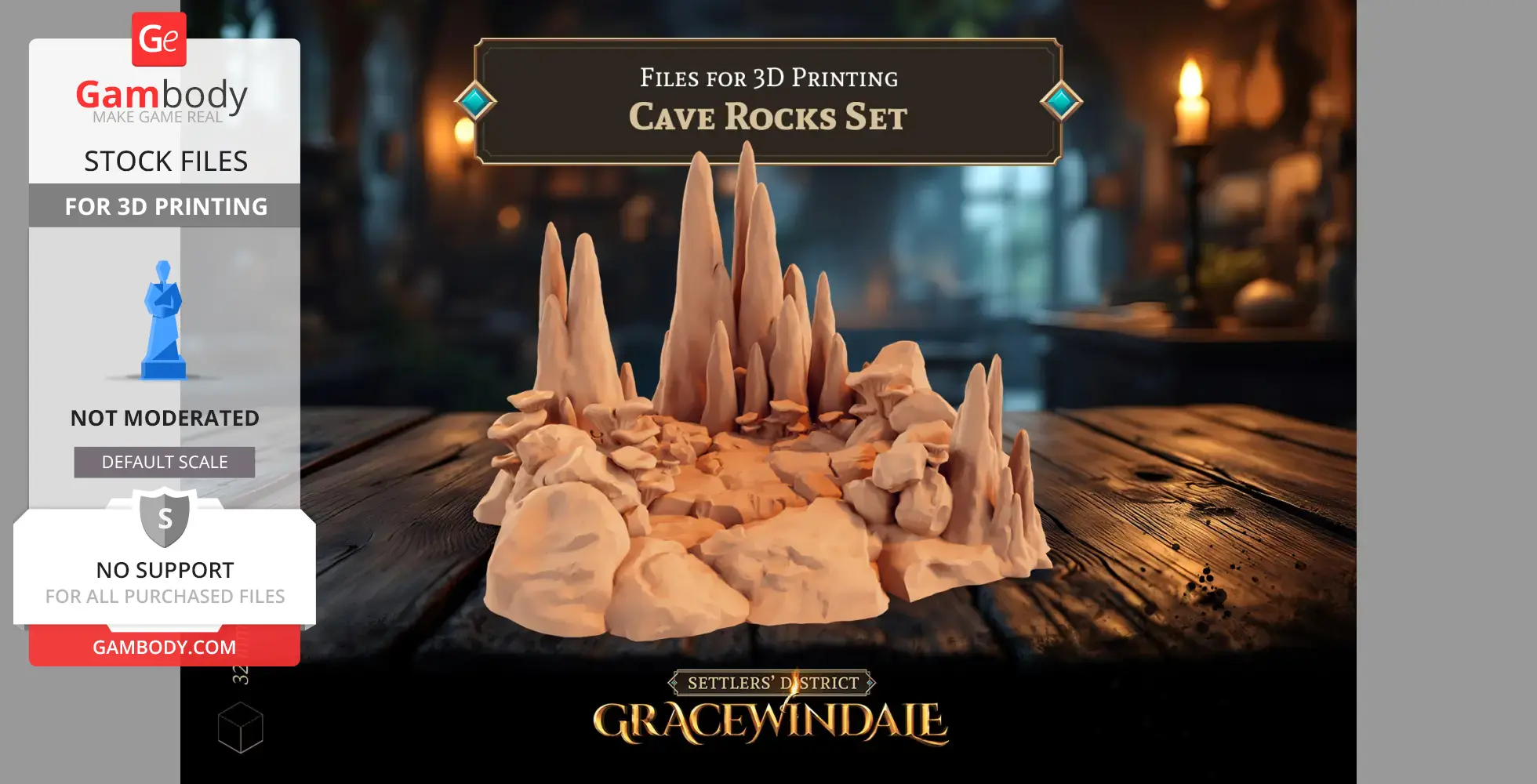 3D-printed set of jagged cave rocks and formations on a wooden table.