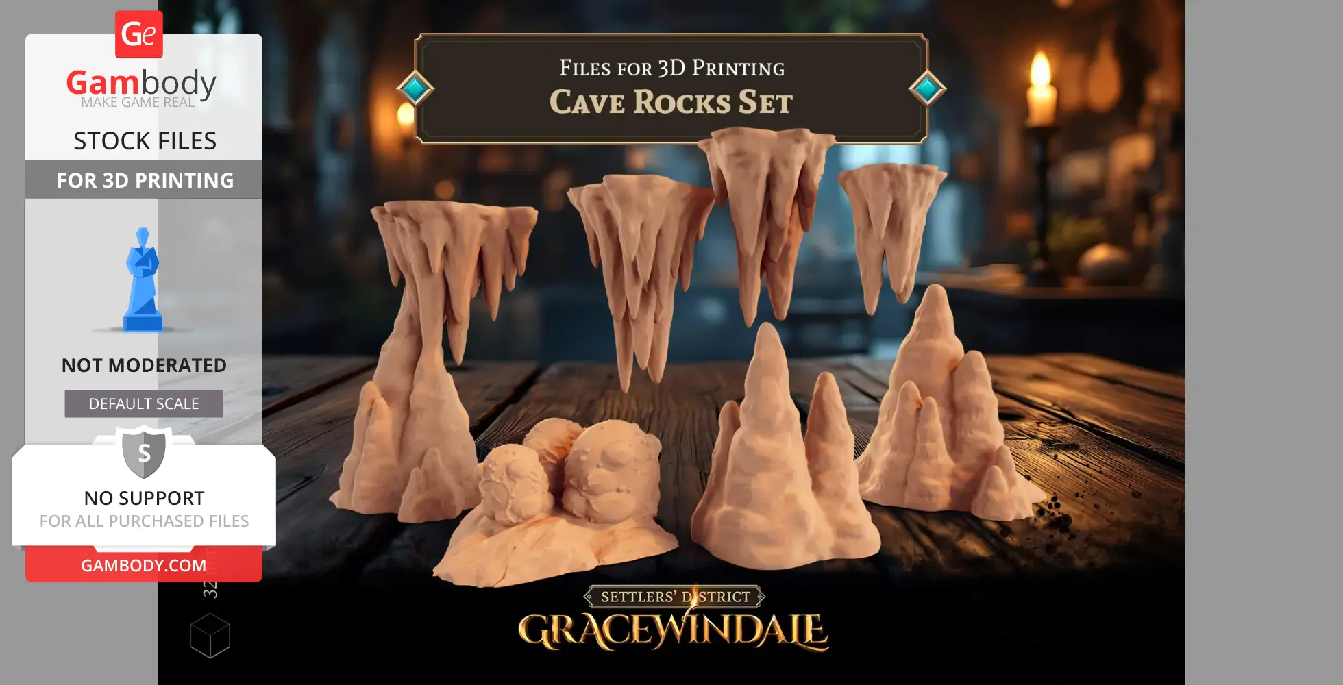 3D-printed cave rock formations set, featuring stalactites and stalagmites, displayed on a wooden surface.