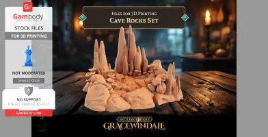 3D-printed set of jagged cave rocks and formations on a wooden table.