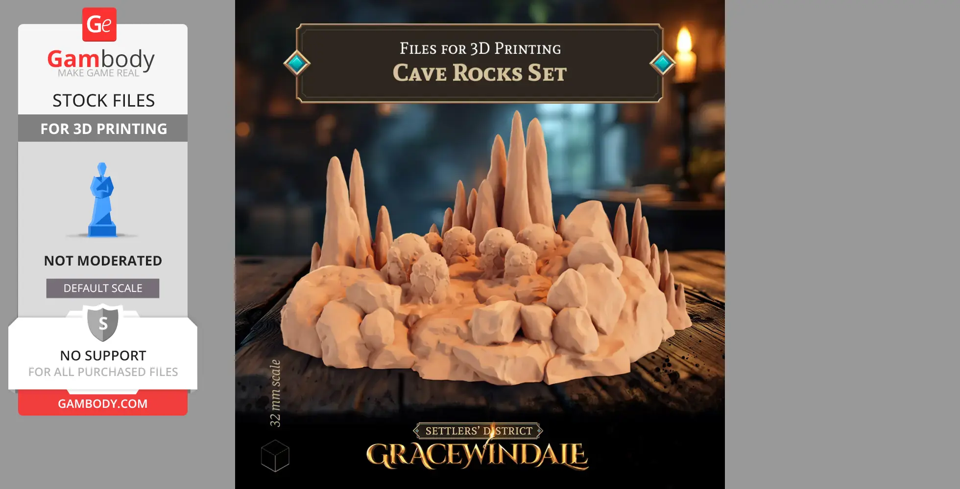 A 3D printable set of detailed cave rocks and stalagmites on a rocky base.