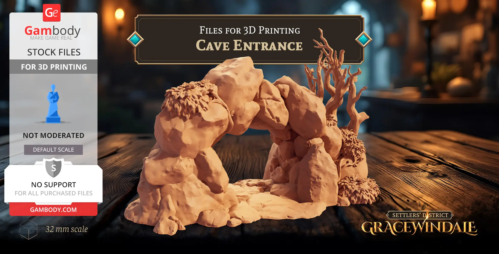 A 3D model of a rocky cave entrance with detailed textures and surrounding foliage.