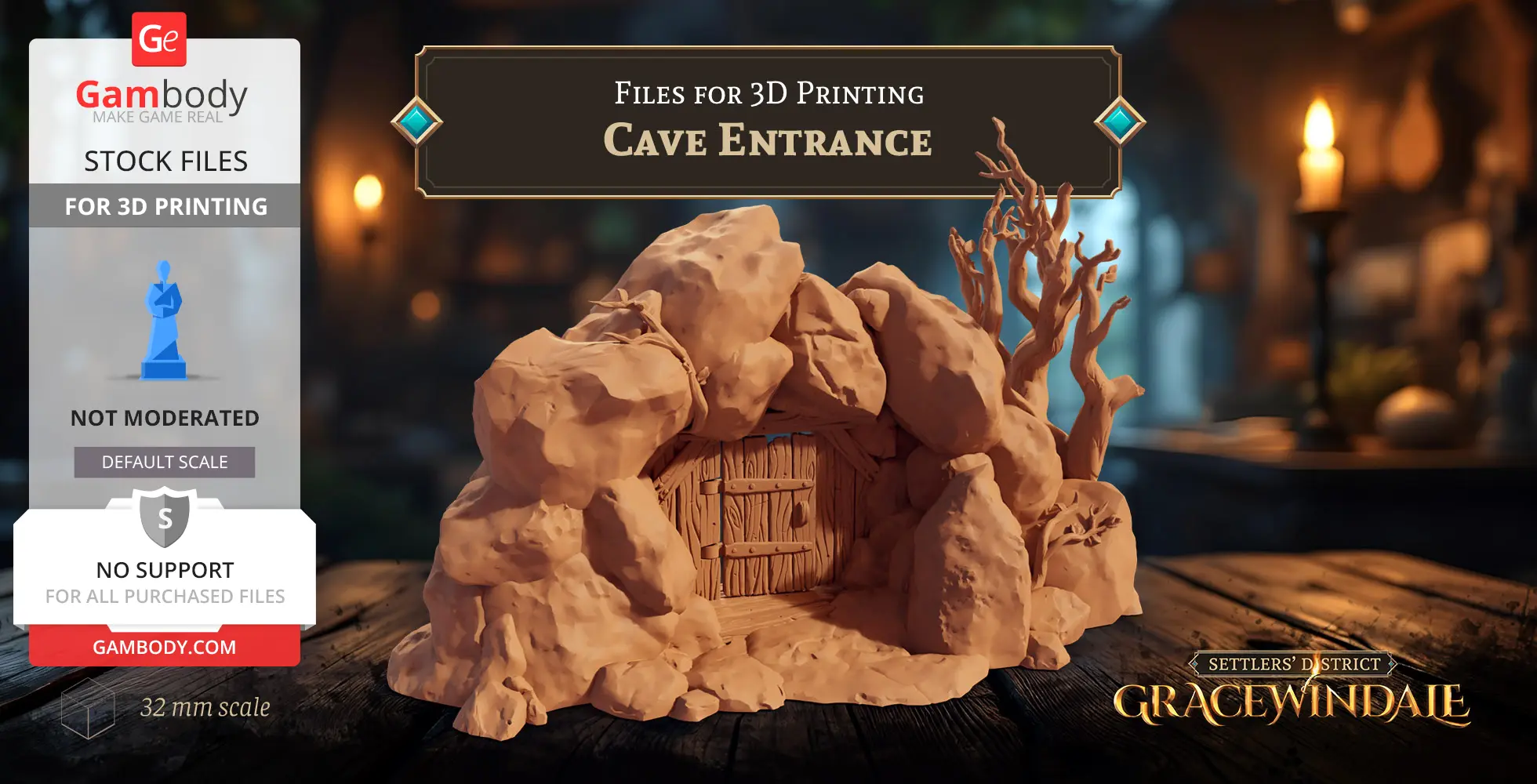 A 3D printable cave entrance model with textured rocks and a wooden door.