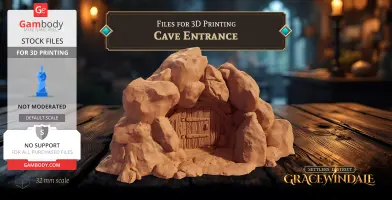 Detailed 3D cave entrance model with rocky exterior and wooden door for 3D printing.