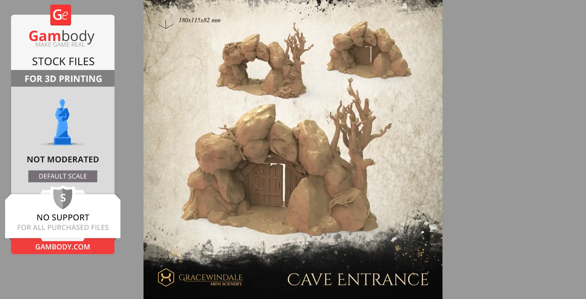 Cave entrance model with rocks, wooden door, and barren trees for 3D printing.