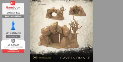 Cave entrance model with rocks, wooden door, and barren trees for 3D printing.