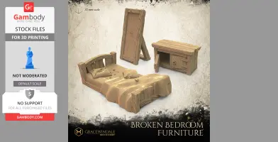 Broken bedroom furniture set: damaged bed, cracked mirror, and battered desk, 3D printable.