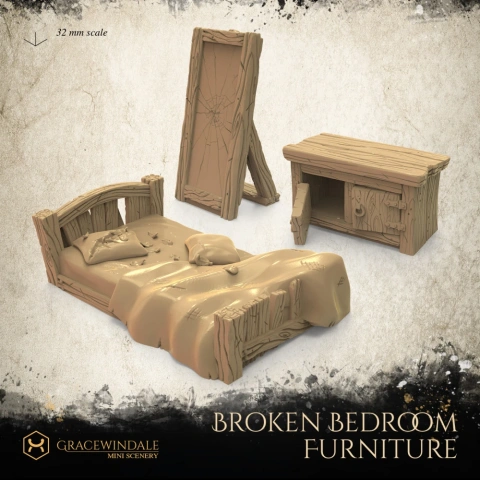 Broken wooden bedroom furniture set, including a bed, dresser, and standing panel, in 32mm scale.