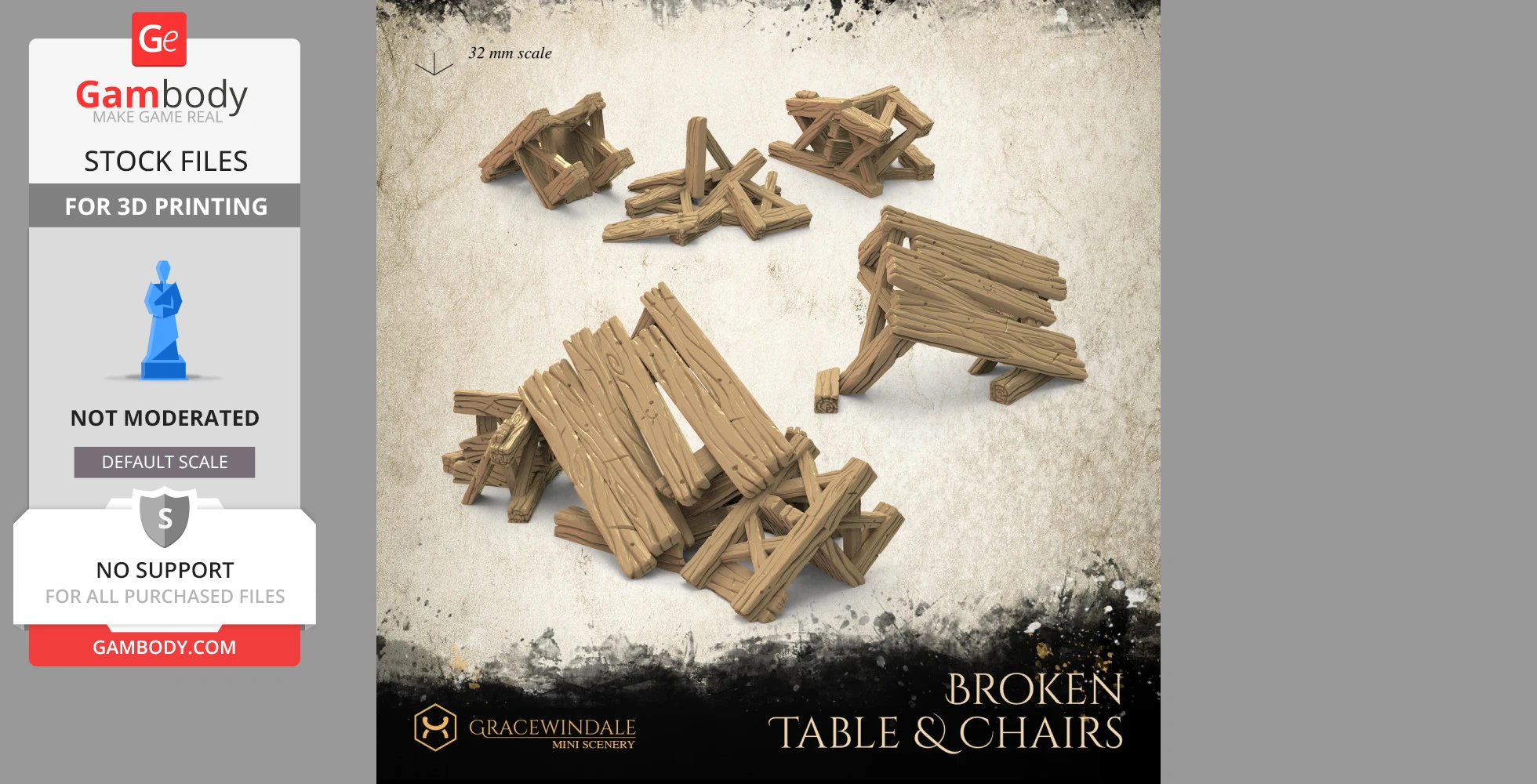 3D models of broken wooden tables and chairs scattered on a textured background.