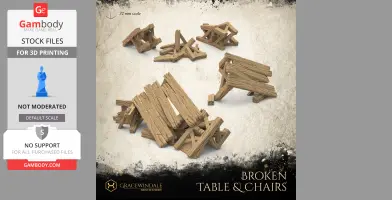 3D models of broken wooden tables and chairs scattered on a textured background.