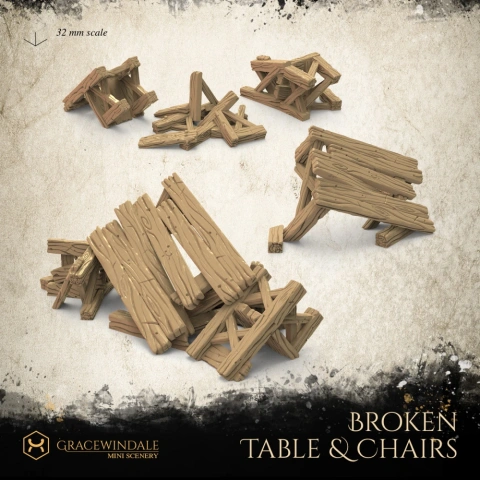Broken wooden tables and chairs in various disassembled pieces, 32 mm scale miniature models.
