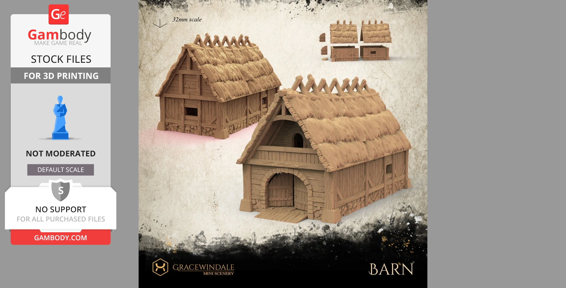 A 3D model of a rustic barn with a thatched roof, wooden walls, and an arched entrance.