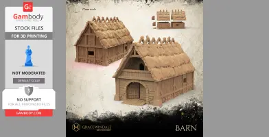 3D model of a medieval barn with a thatched roof and wooden structure, suitable for 3D printing.