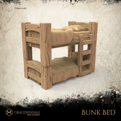 Wooden bunk bed model with ladders, designed for 32mm scale miniatures.