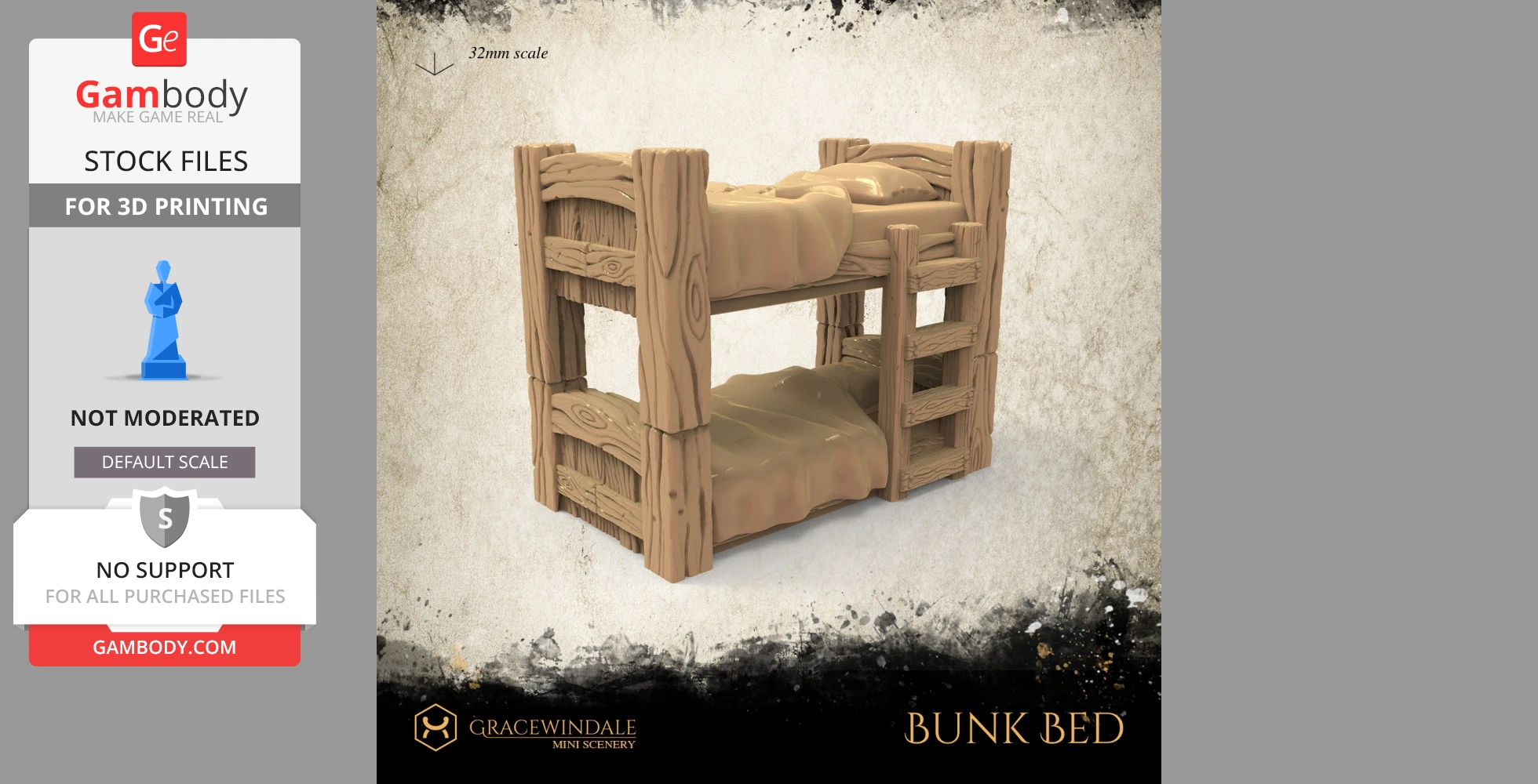 Wooden style bunk bed 3D model with ladder, designed for 3D printing, in fantasy or rustic theme.